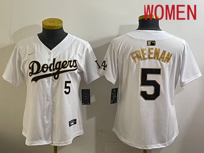 Women Los Angeles Dodgers #5 Freeman White Gold Game 2024 Nike MLB Jersey style 1209->women mlb jersey->Women Jersey